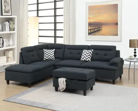 3-Piece Sectional Set W/ Ottoman, Black