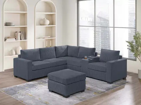 4-Piece Sectional Set W/ Ottoman, Dark Gray