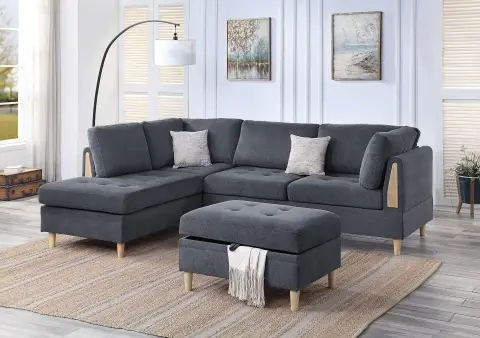 3-Piece Sectional Set W/ Ottoman, Charcoal
