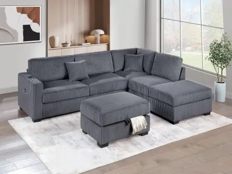 3-Piece Reversible Sectional Set W/ Ottoman, Dark Gray