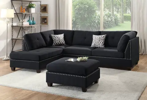 3pc Reversible Sectional Sofa Set W/ Ottoman, Black