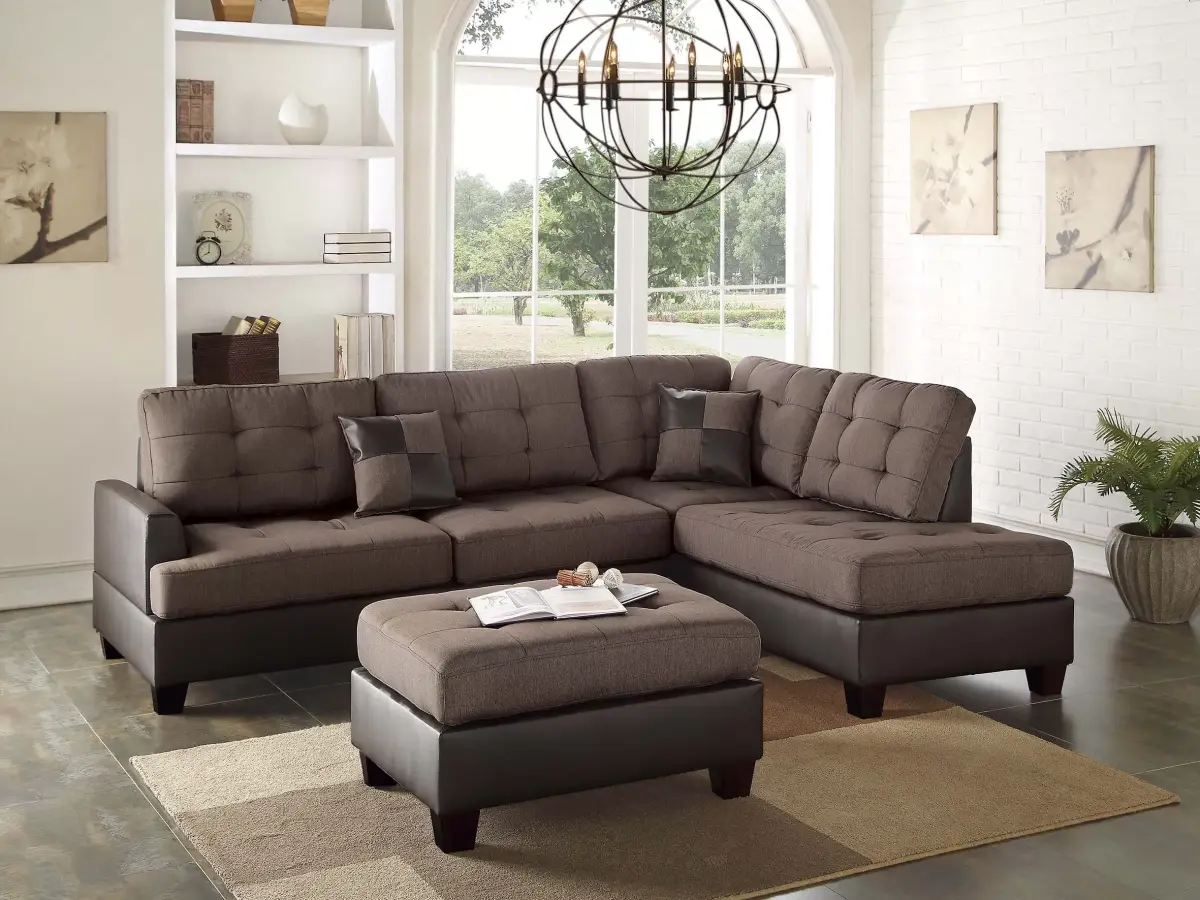 3pc Reversible Sectional Sofa Set W/ Ottoman, Chocolate
