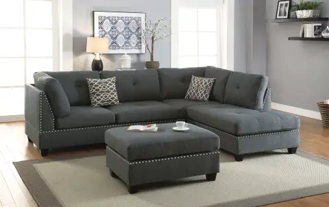 3pc Reversible Sectional Sofa Set W/ Ottoman, Blue Gray