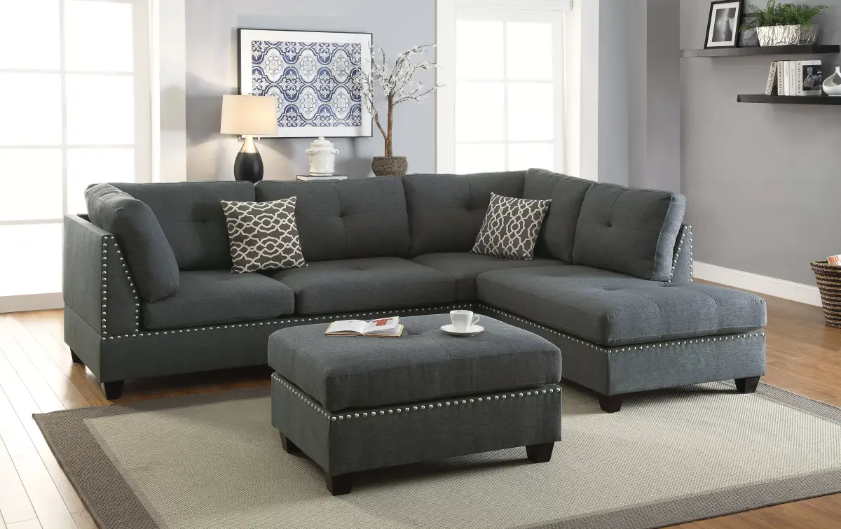 3pc Reversible Sectional Sofa Set W/ Ottoman, Blue Gray