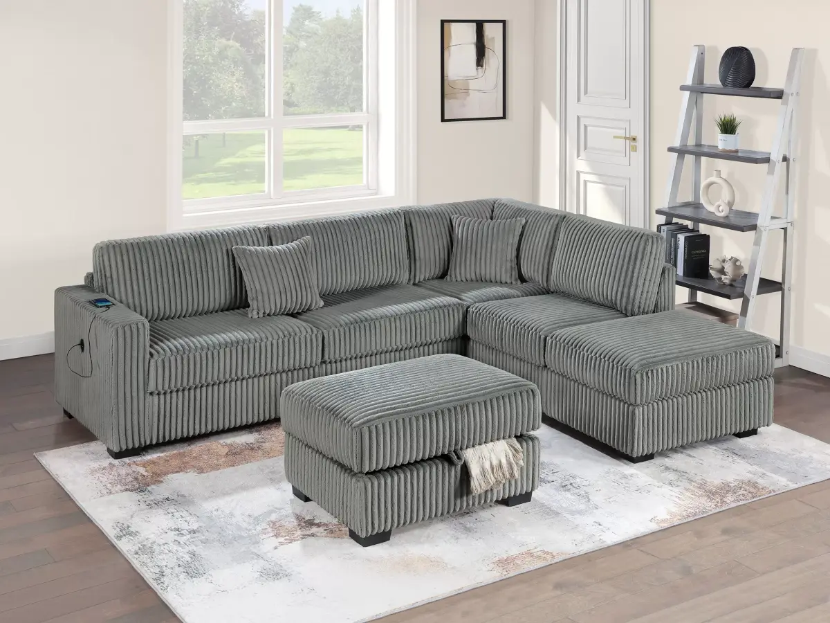 3-Piece Reversible Sectional Set W/ Ottoman, Smoke