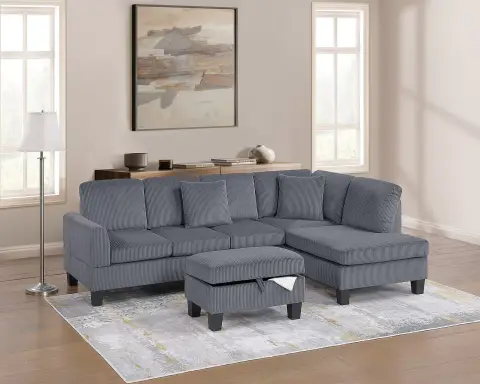 3-Piece Sectional Set W/ Ottoman, Dark Gray
