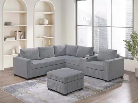 4-Piece Sectional Set W/ Ottoman, Light Gray