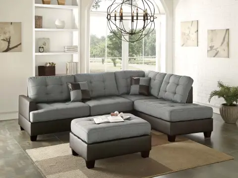 3pc Reversible Sectional Sofa Set W/ Ottoman, Gray