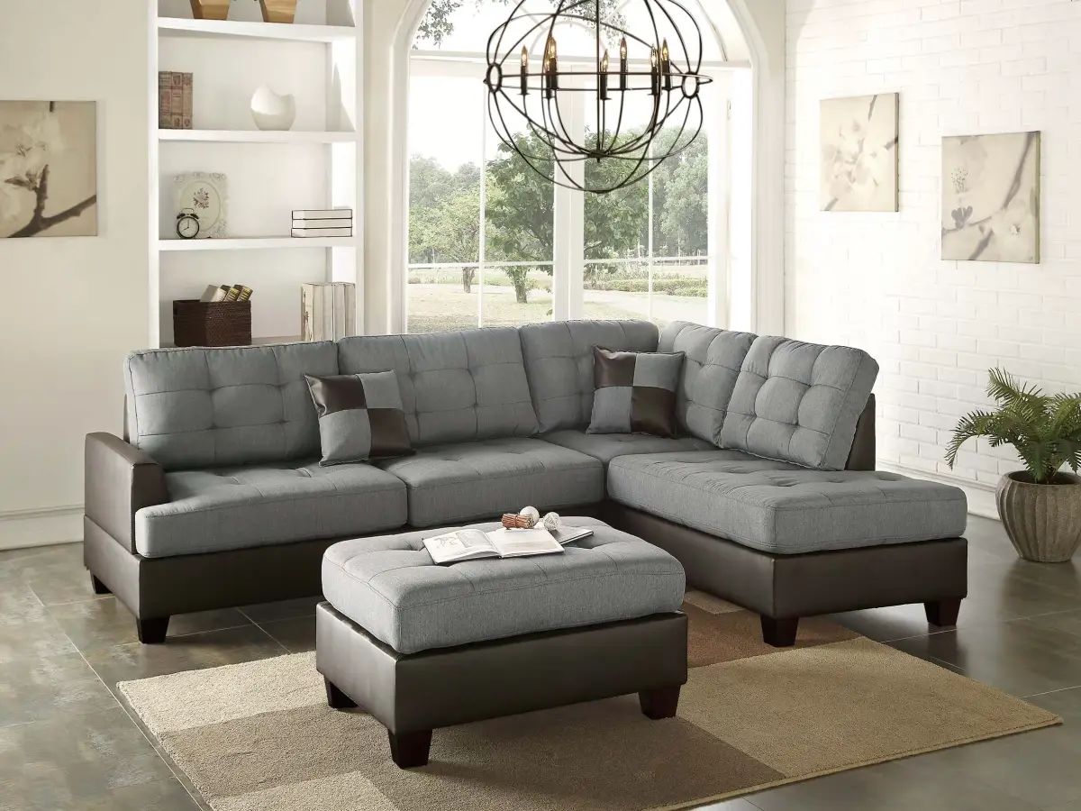 3pc Reversible Sectional Sofa Set W/ Ottoman, Gray