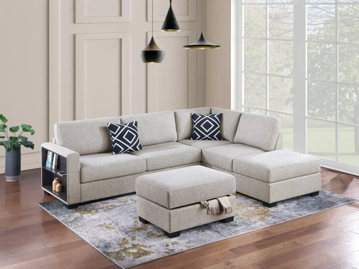 3-Piece Reversible Sectional Set W/ Ottoman, Beige